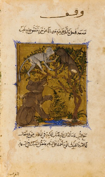 Folio van een Sulwan al-Muta (Troost van plezier) door Ibn Zafar; verso- Het verhaal van de beer en de M... door Unbekannt Unbekannt